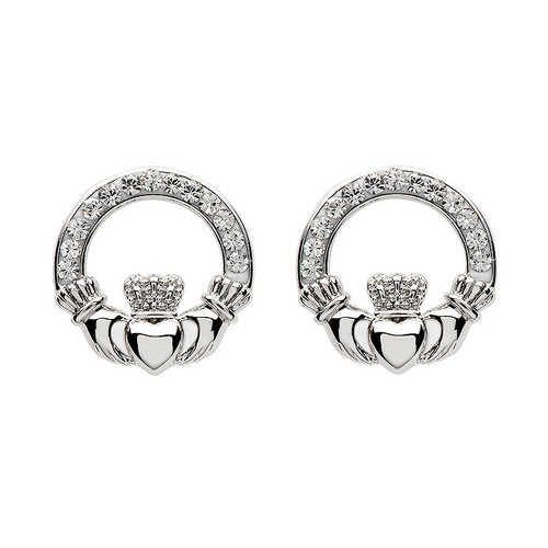 Platinum Plate White Claddagh Stud Earrings Swarovski