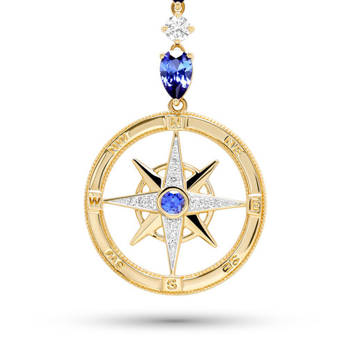 14kt Gold Lab Sapphire and Diamond Compass Y Necklace