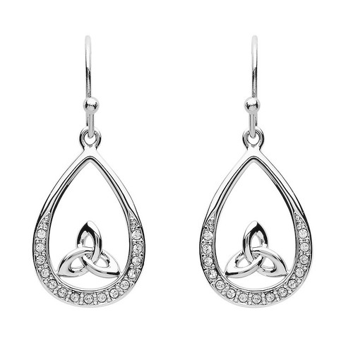 Platinum Plate White Trinity Tear Drop Earrings Swarovski