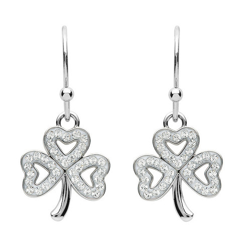 Platinum Plate White Shamrock Drop Earrings Swarovski