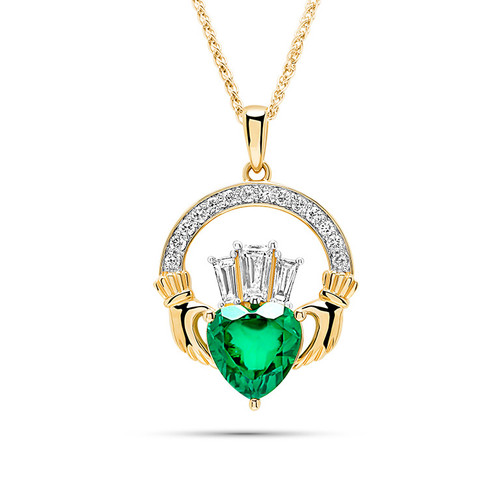 14kt Gold Lab emerald and Diamond Claddagh Large Necklace