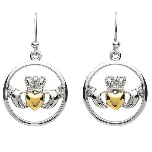 Platinum Plated Drop Circle Claddagh Earrings