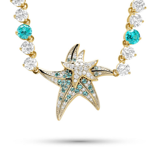 14kt Gold Lab Pariba Sapphire and Diamond Mom & Baby Starfish Necklace