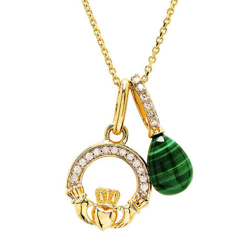 14kt Gold Lab Grown Diamond Malachite Claddagh Dangle Necklace