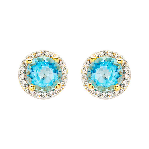 14kt Gold Vermeil Genuine Blue Topaz Halo Stud Earrings