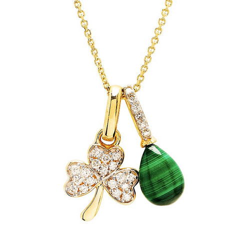 14kt Gold Lab Grown Diamond Malachite Shamrock Necklace