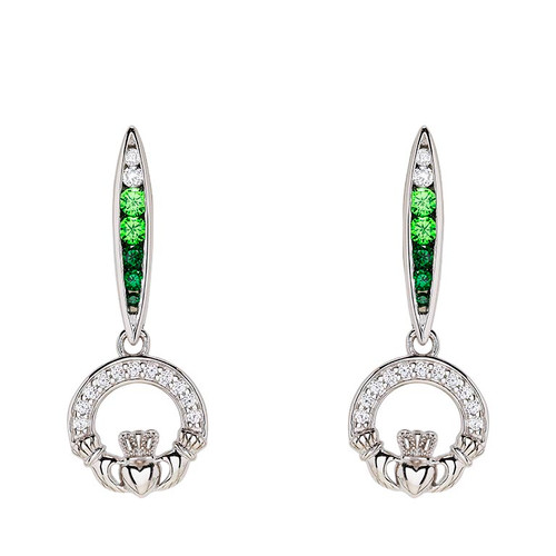 Sterling Silver Shamrock Earrings with Green and White CZ
