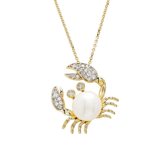 14kt Gold Lab Grown Diamond Freshwater Pearl Crab Necklace
