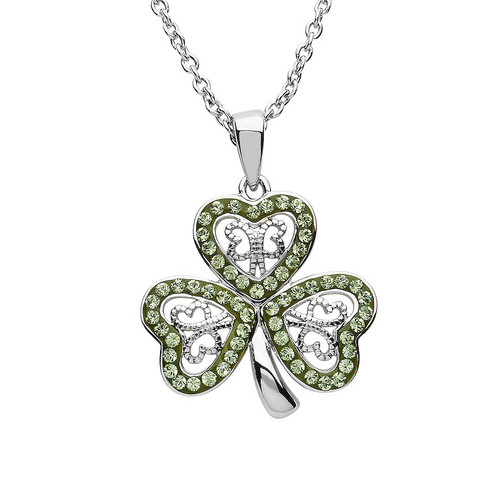 Platinum Plated Peridot Shamrock Pendant Swarovski