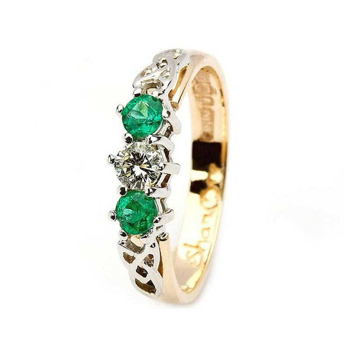 Emerald and diamond celtic trinity 14k yellow and white gold