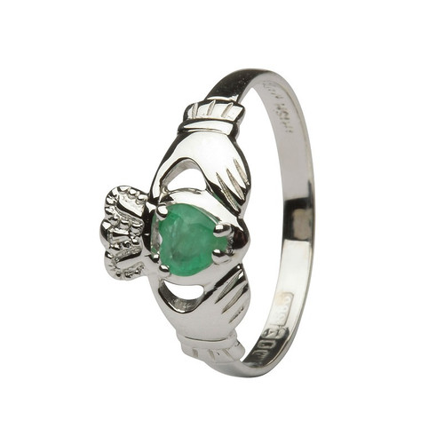14k white emerald claddagh ring