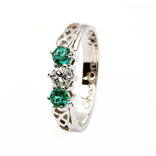 Emerald and diamond celtic ring 14k white gold 3 stone