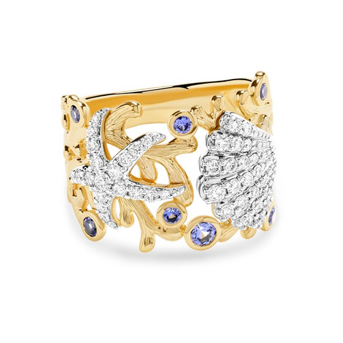 14kt Gold Lab Sapphire and Diamond Shell/Star Ring