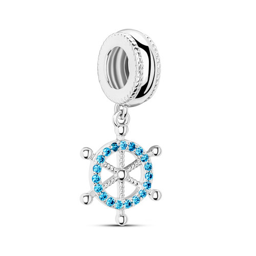 Sterling Silver CZ Blue Topaz Ship Wheel Bead