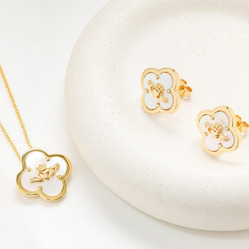 14kt Gold Vermeil Clover Claddagh MOP Stud Earrings