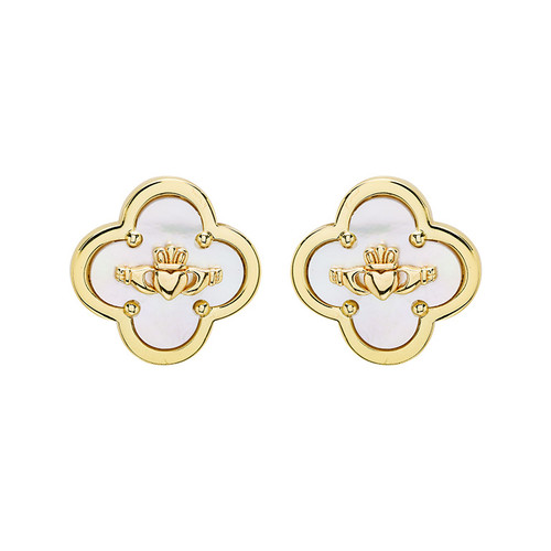 14kt Gold Vermeil Clover Claddagh MOP Stud Earrings