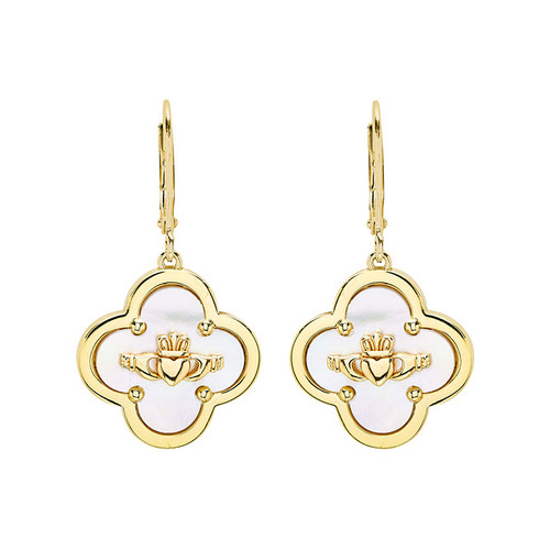14kt Gold Vermeil Clover Claddagh MOP Drop Earrings