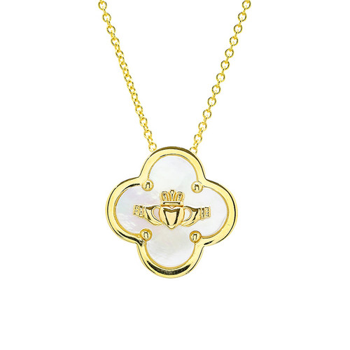 14kt Gold Vermeil Clover Claddagh MOP Necklace