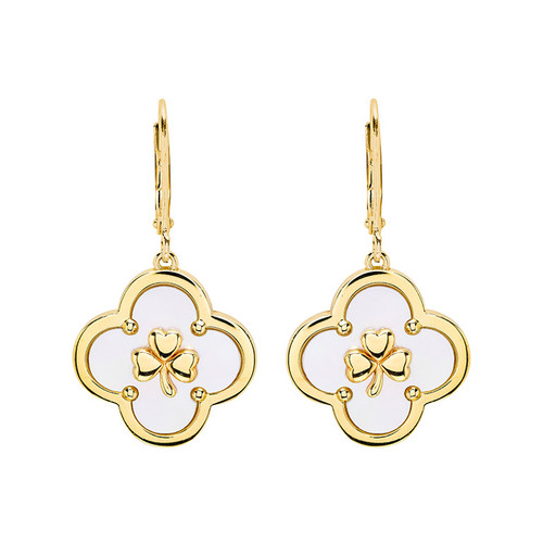 14kt Gold Vermeil Clover Shamrock MOP Drop Earrings