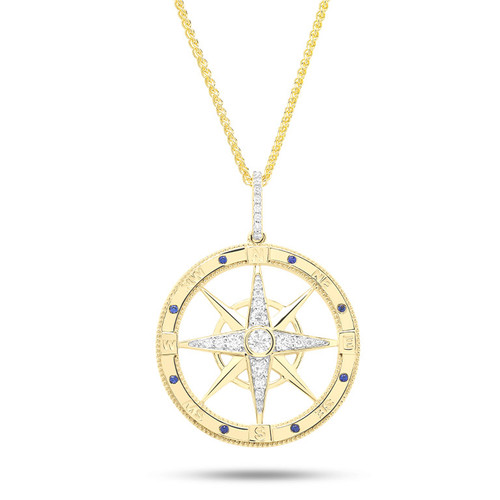14K Gold Lab Diamond & Sapphire Compass Bold Necklace