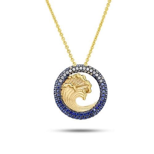 14K Gold Lab Sapphire Wave Mini Necklace