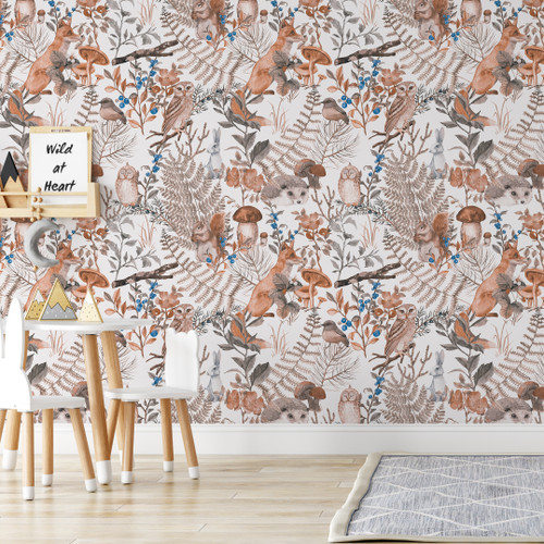 A stunningly illustrated wallpaper featuring woodland animals in earthy tones. Great for a nursery of child's bedroom feature wall.