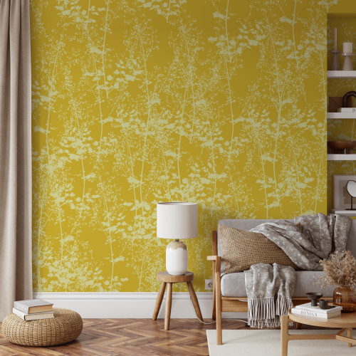 Meadow flower wallpaper mural on yellow. Perfect for lounge, living room, bedroom feature wallpaper. Available in peel and stick and pasteable material types.