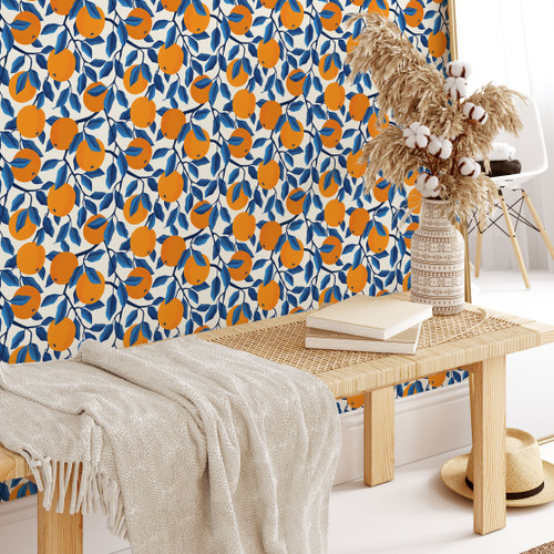 A beautifully modern and vibrant print featuring oranges with bright blue foliage. maximalist wallpaper, funky eccentric feature wallpaper, fruit wallpaper roll
