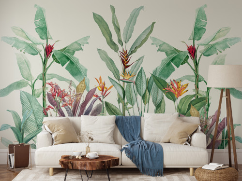 Our Tropical Flowers Mural is a stunningly illustrated design which delivers a lush colour palette, transporting you straight to your own tropical jungle.