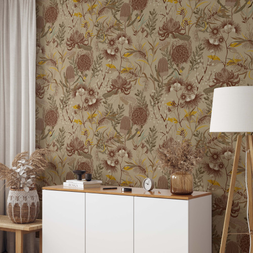 A beautifully illustrated wallpaper featuring an array of blooms set against an oatmeal background.
