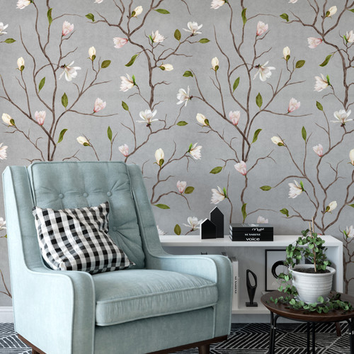 A beautifully illustrated botanical wallpaper featuring magnolia blooms on branches set against a grey background.