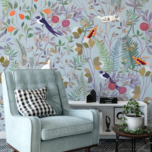 Birds on Branches on Blue Feature Wallpaper
