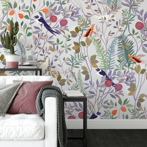 A beautifully illustrated wallpaper featuring birds perched on branches set against a grey background.