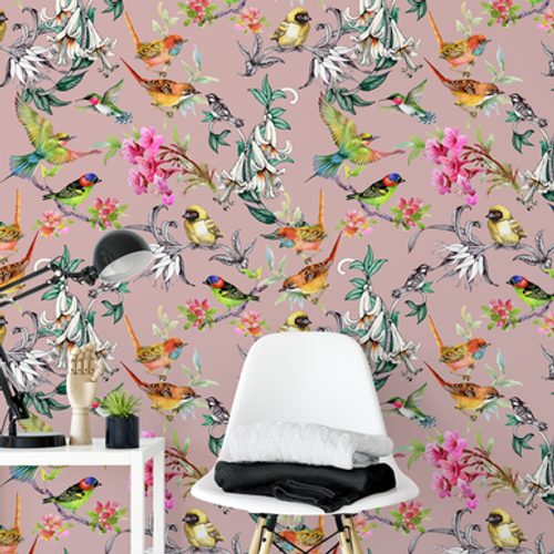 exotic birds wallpaper, pink wallpaper, bold illustrated bird wallpaper
