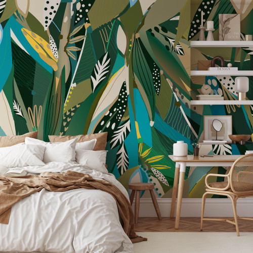 This is our stunning, digitally printed Tropical Abstract Mural wallpaper (in green), featuring beautifully illustrated foliage using a tonal green and putty clay colour palette, creating a stunning feature wallpaper. This wallpaper mural works well as a striking feature wall in a living room feature mural wall, bedroom feature wall, or in your lounge. It's available in removable peel and stick wallpaper and a beautifully textured pasteable material.