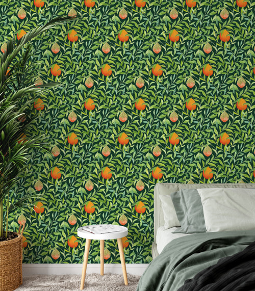 hanging fruit wallpaper, william morris wallpaper, classic wallpaper, fruit feature wallpaper, green classic wallpaper