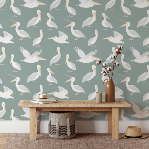 pelican wallpaper, bird wallpaper, nautical wallpaper, designer wallpaper, modern feature wallpaper, trending wallpaper, removable bird print wallpaper