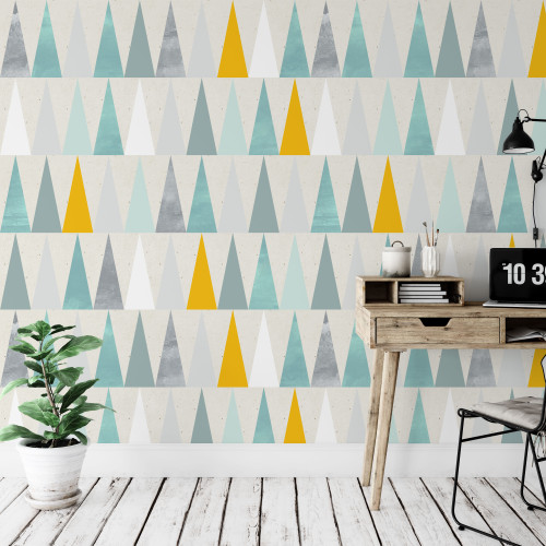 modern geometric triangles wallpaper, bright geometric wallpaper, tall triangle mural wallpaper, childrens geometric funky modren mural