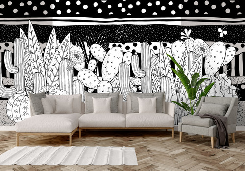 desert scene mural, modern black and white mural, cactus mural wallpaper, modern wallpaper