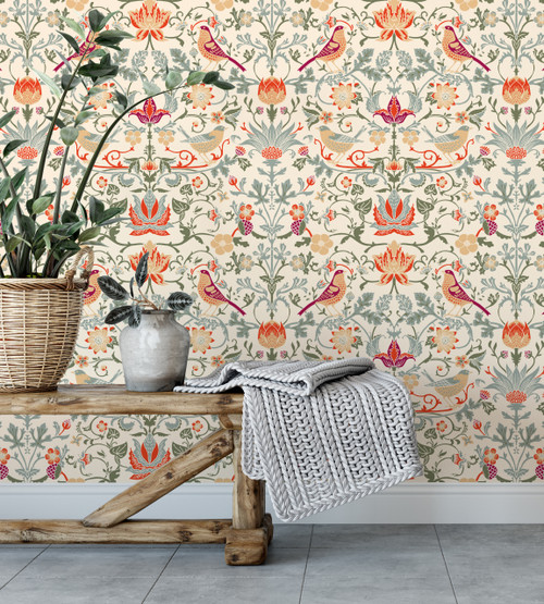 Enchanted forest william morris inspired wallpaper, living room wallpaper, peel and stick wallpaper, removable wallpaper, rental wallpaper, bird wallpaper, nature wallpaper, classic wallpaper