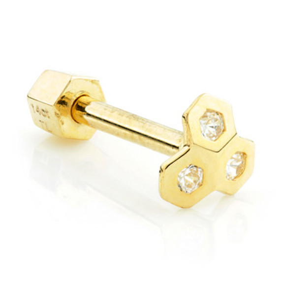 Honeycomb 14ct Solid Gold Gem Barbell Earring with Hexagon Back