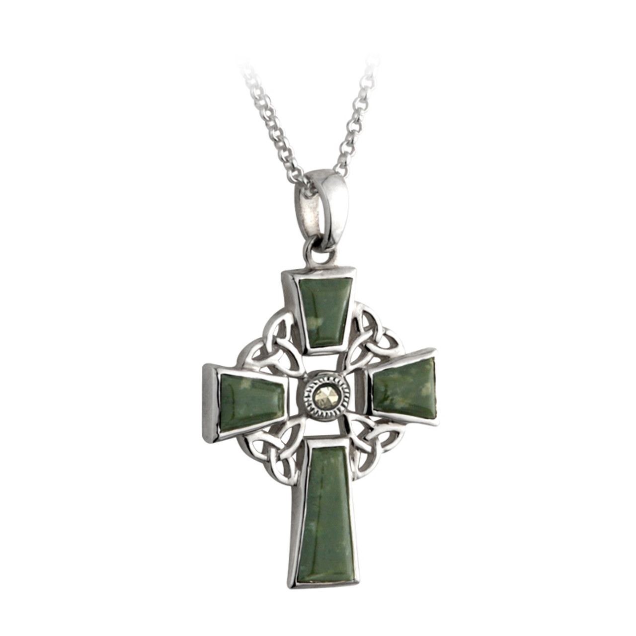 Celtic Cross Necklace with Connemara Marble & Marcasite Stone - Sterling  Silver