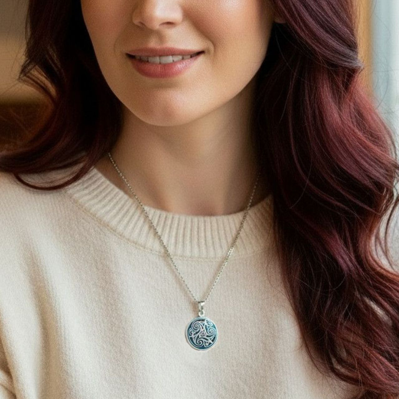 Rhodium Blue Enamel Celtic Knot Pendant by Solvar Jewelry