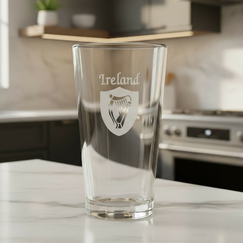 Irish Shield Harp Pint Glass - Set of 4 (Sand Etched) | Irish Rose Gifts