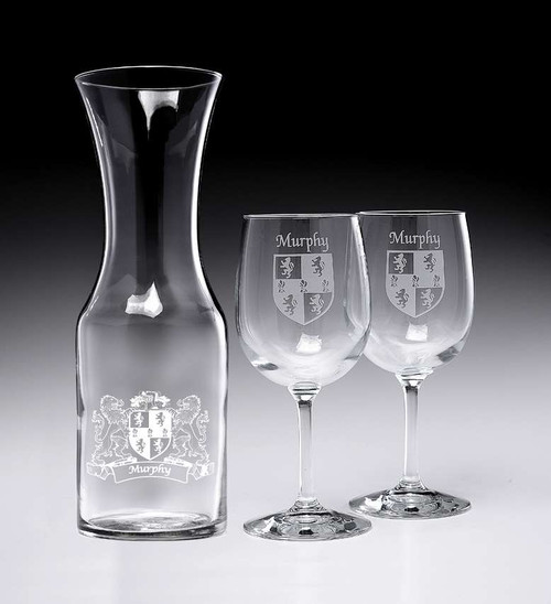 Wine Decanter Set with Coats of Arms & 2 Wine Glasses- (Sand Etched) The Irish Rose Gifts