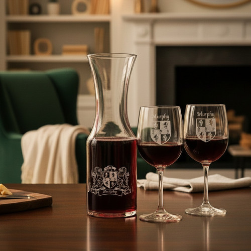 Wine Decanter Set with Coats of Arms & 2 Wine Glasses