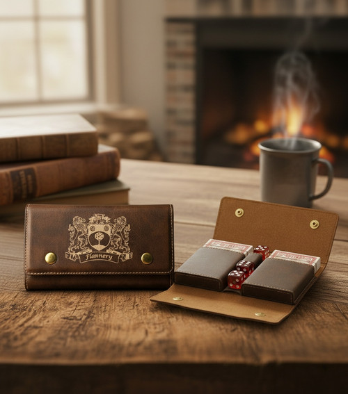 Irish Coat of Arms Leather Card & Dice Set - Rustic Brown The Irish Rose Gifts