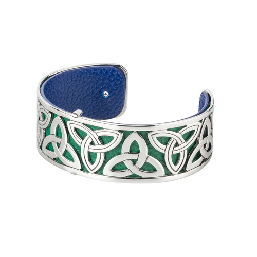Rhodium Plated Leather Trinity Knot Cuff Bangle - Solvar Jewelry Made in Ireland