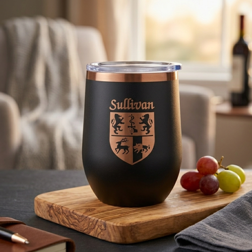Irish Coat of Arms Stemless Wine Travel Tumbler - Black Rose