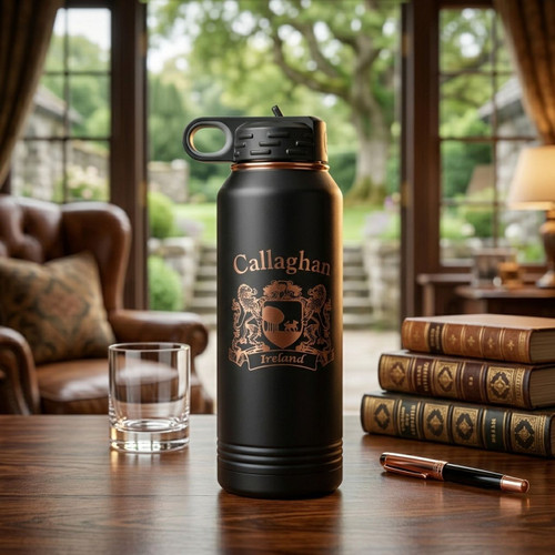 Irish Coat of Arms 32 oz Large Water Bottle – Black & Rose Gold